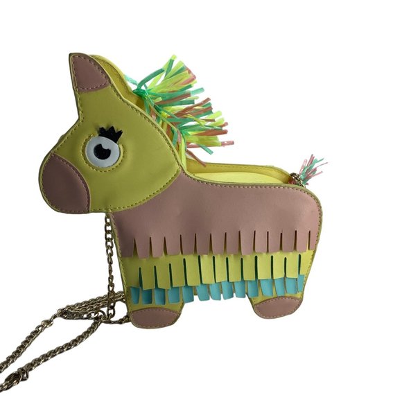 Piñata Donkey Handbag Shoulder Bag Pastel Rainbow Fringe 9"x8.5" Gold Chain - Picture 3 of 9